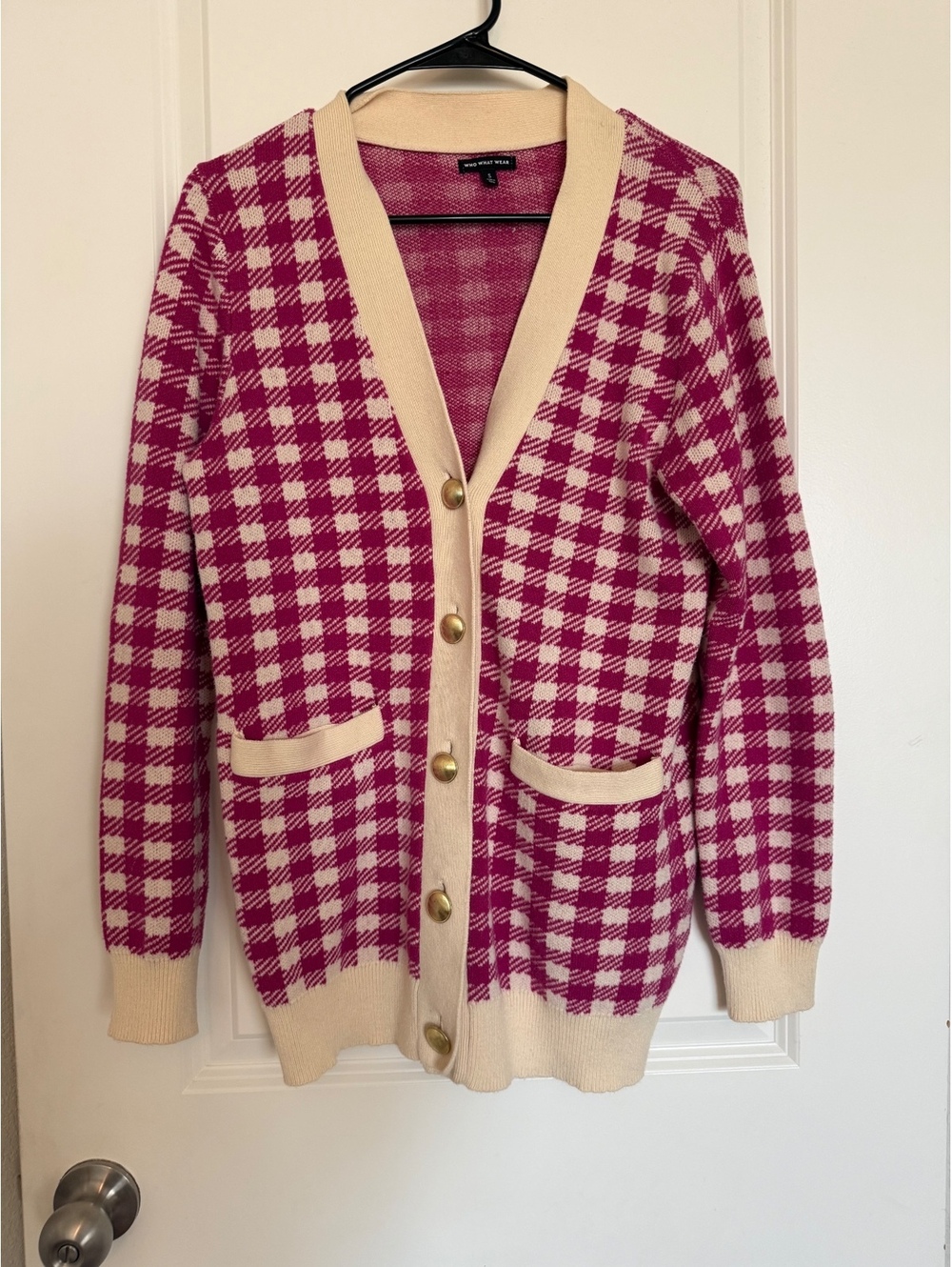 Who What Wear Small Pink and Cream Checkered Knit Cardigan with Gold Buttons